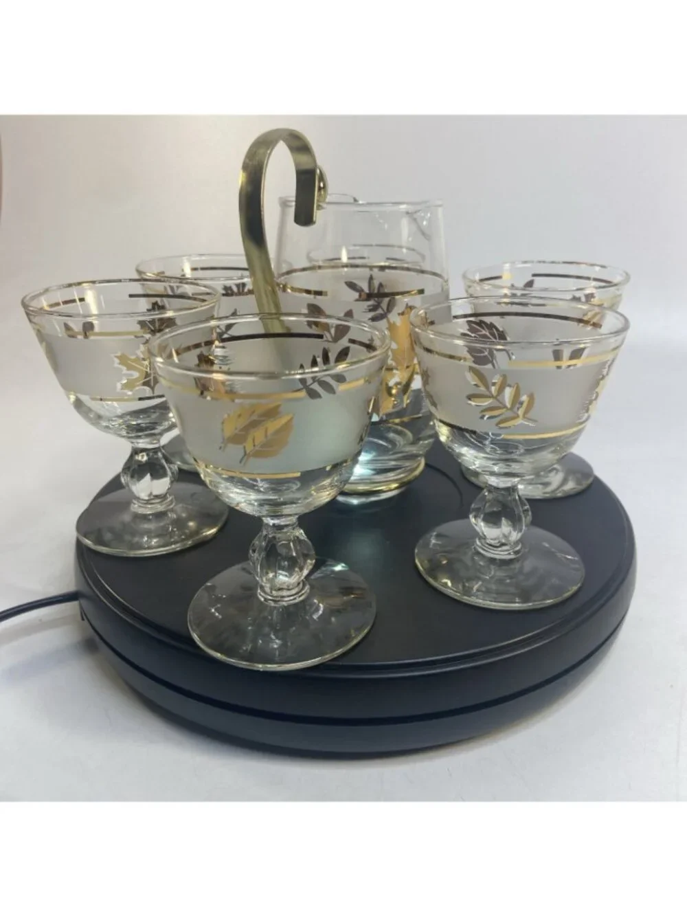 Vintage Libbey Golden Foliage Glassware Set 6 Stemmed Wine Plus Pitcher Frosted